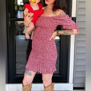 Stretchy red floral off the shoulder dress